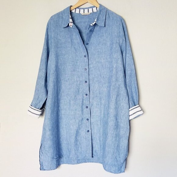 Soft Surroundings 100% Linen Lagenlook Chambray Blue Button Up Tunic Shirt 1X - Picture 3 of 16